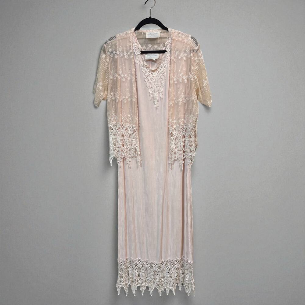 VTG Magnet Art Lynn Yang 2 Piece Set Maxi Dress Top Sz L Pastel Pink Crochet 90s
